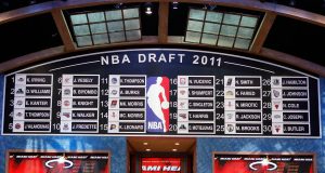 NEWARK, NJ - JUNE 23: A general view of the names on the draft board after the completion of the first round during the 2011 NBA Draft at the Prudential Center on June 23, 2011 in Newark, New Jersey. NOTE TO USER: User expressly acknowledges and agrees that, by downloading and/or using this Photograph, user is consenting to the terms and conditions of the Getty Images License Agreement.