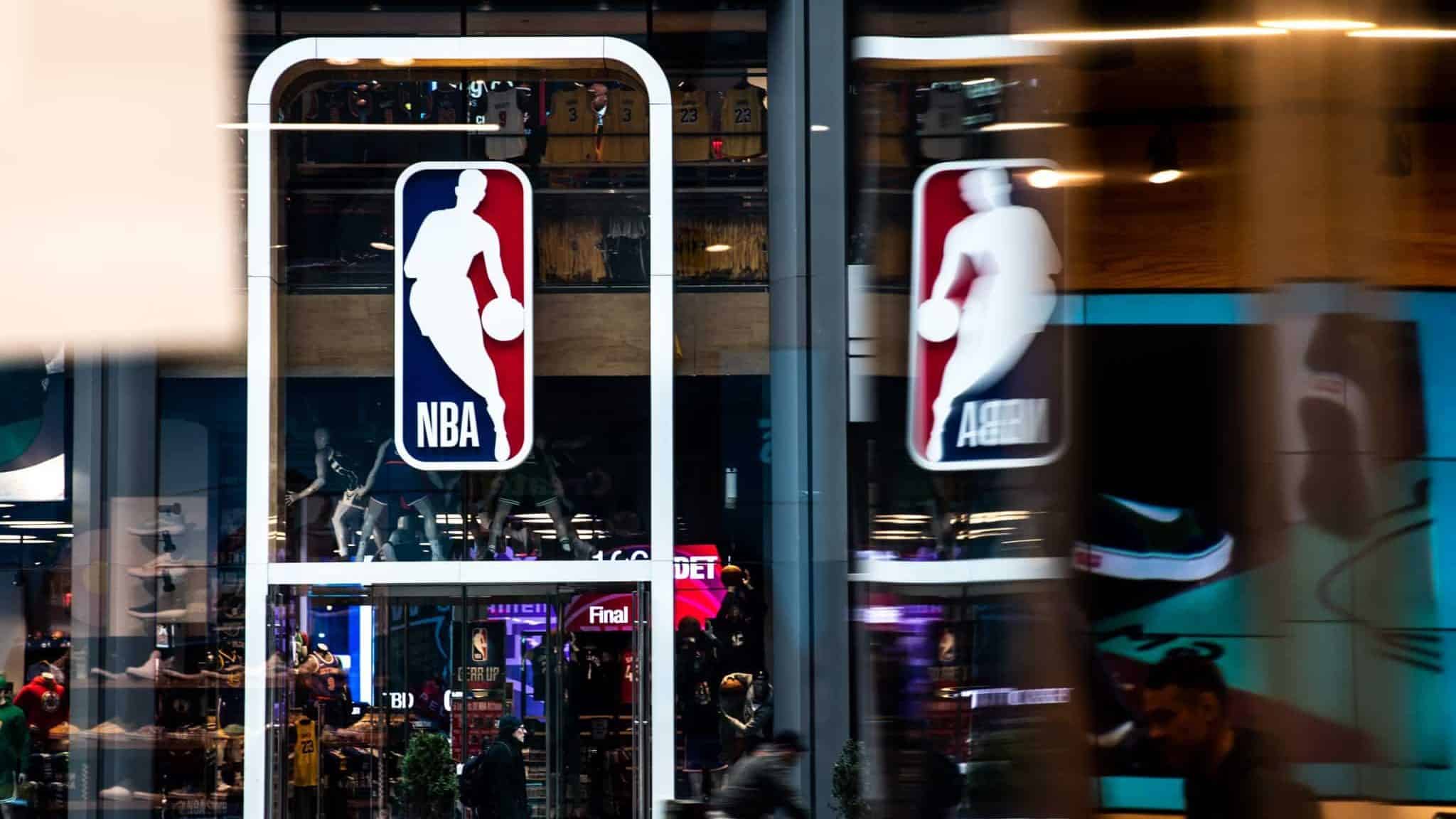 NEW YORK, NY - MARCH 12: An NBA logo is shown at the 5th Avenue NBA store on March 12, 2020 in New York City. The National Basketball Association said they would suspend all games after player Rudy Gobert of the Utah Jazz reportedly tested positive for the Coronavirus (COVID-19).