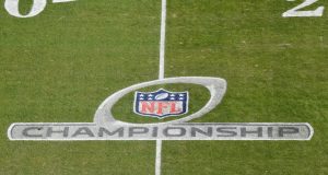 KANSAS CITY, MISSOURI - JANUARY 19: The NFL Championship logo is seen on the field before the AFC Championship Game between the Kansas City Chiefs and the Tennessee Titans at Arrowhead Stadium on January 19, 2020 in Kansas City, Missouri.