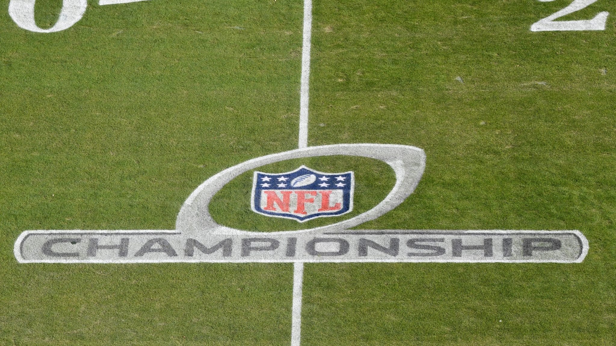 KANSAS CITY, MISSOURI - JANUARY 19: The NFL Championship logo is seen on the field before the AFC Championship Game between the Kansas City Chiefs and the Tennessee Titans at Arrowhead Stadium on January 19, 2020 in Kansas City, Missouri.