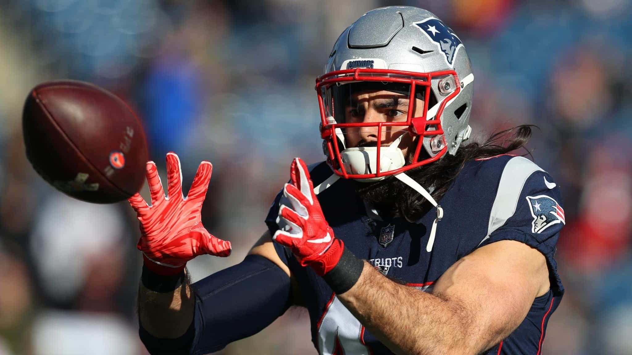 FOXBOROUGH, MASSACHUSETTS - DECEMBER 30: Nate Ebner #43 of the New England Patriots warms up before a game against the New York Jets at Gillette Stadium on December 30, 2018 in Foxborough, Massachusetts.