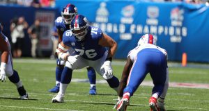 EAST RUTHERFORD, NEW JERSEY - SEPTEMBER 15: Nate Solder #76 of the New York Giants in action against the Buffalo Bills during their game at MetLife Stadium on September 15, 2019 in East Rutherford, New Jersey.