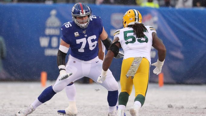 EAST RUTHERFORD, NEW JERSEY - DECEMBER 01: Nate Solder #76 of the New York Giants in action against Za'Darius Smith #55 of the Green Bay Packers during their game at MetLife Stadium on December 01, 2019 in East Rutherford, New Jersey.