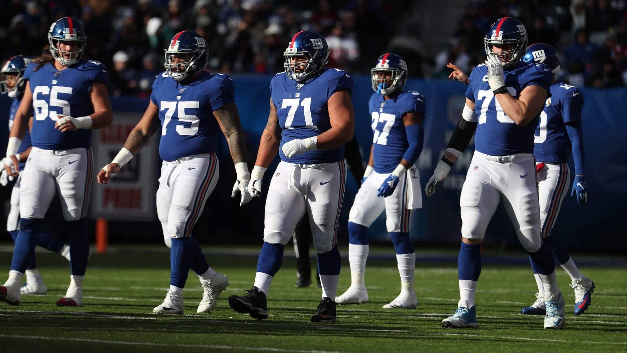 EAST RUTHERFORD, NEW JERSEY - DECEMBER 15: Nick Gates #65, Jon Halapio #75, Will Hernandez #71, and Nate Solder #76 of the New York Giants line up against the Miami Dolphins during their game at MetLife Stadium on December 15, 2019 in East Rutherford, New Jersey.