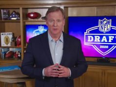 UNSPECIFIED LOCATION - APRIL 23: (EDITORIAL USE ONLY) In this still image from video provided by the NFL, NFL Commissioner Roger Goodell speaks from his home in Bronxville, New York during the first round of the 2020 NFL Draft on April 23, 2020.