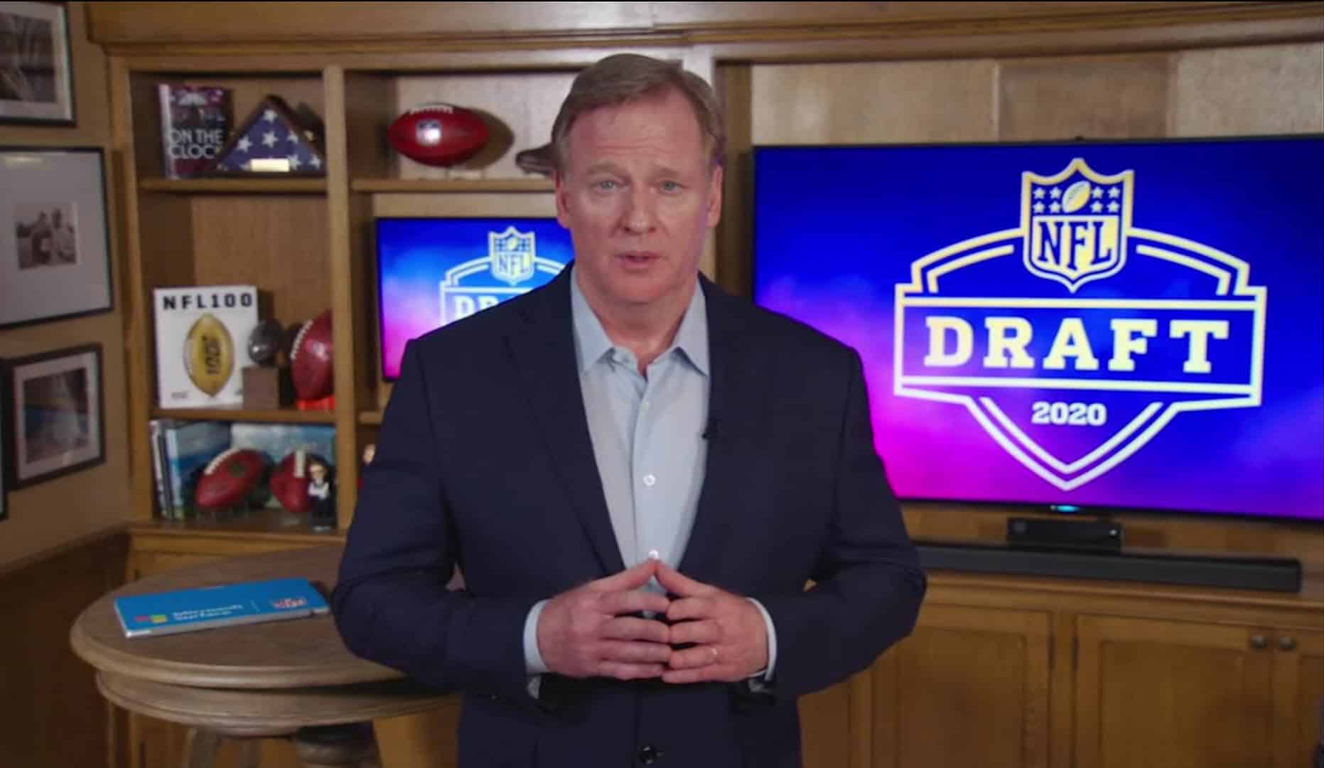 UNSPECIFIED LOCATION - APRIL 23: (EDITORIAL USE ONLY) In this still image from video provided by the NFL, NFL Commissioner Roger Goodell speaks from his home in Bronxville, New York during the first round of the 2020 NFL Draft on April 23, 2020.