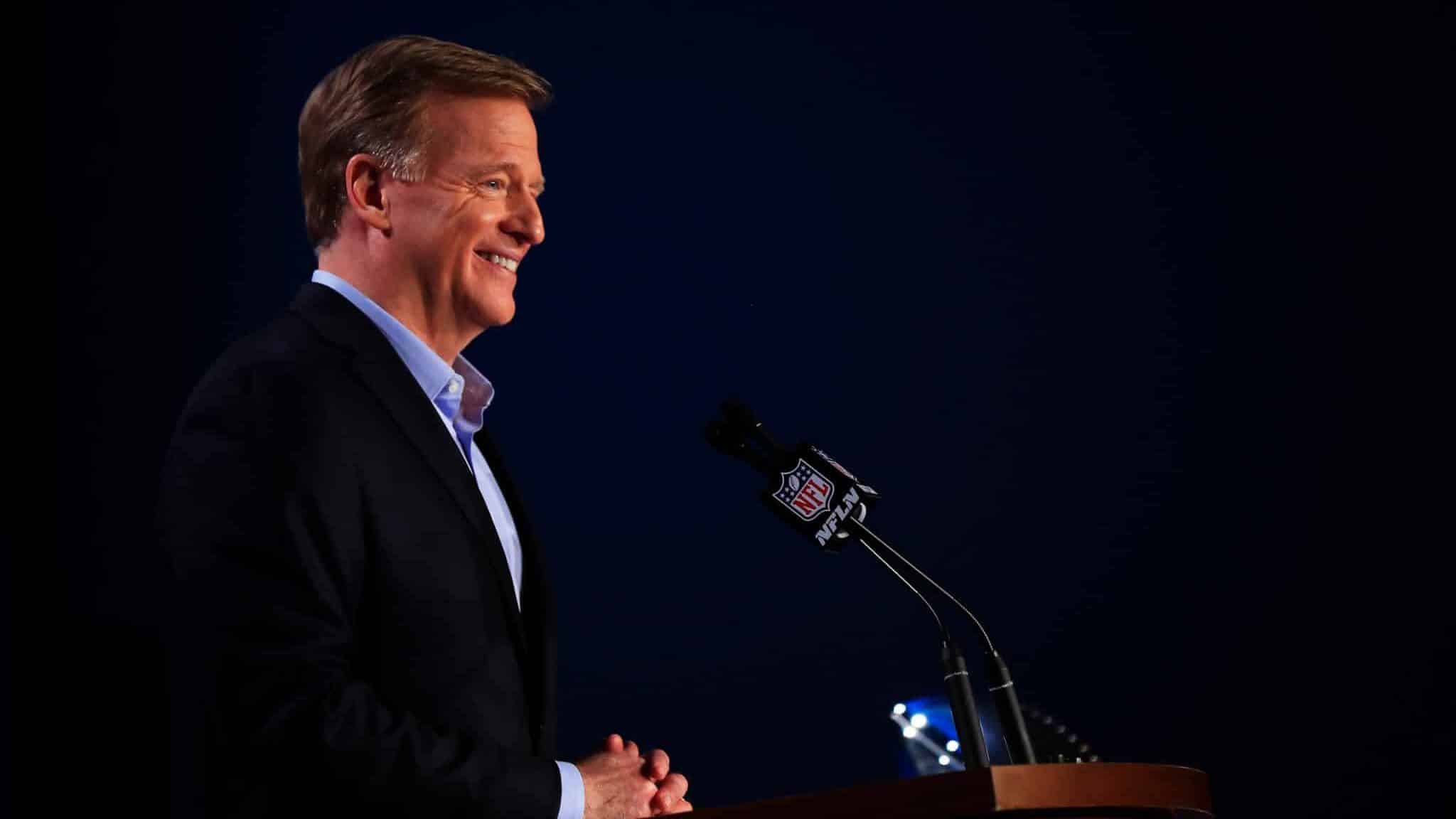 MIAMI, FLORIDA - JANUARY 29: NFL Commissioner Roger Goodell speaks to the media during a press conference prior to Super Bowl LIV at the Hilton Miami Downtown on January 29, 2020 in Miami, Florida. The San Francisco 49ers will face the Kansas City Chiefs in the 54th playing of the Super Bowl, Sunday February 2nd.