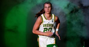 LAS VEGAS, NEVADA - MARCH 08: Sabrina Ionescu #20 of the Oregon Ducks is introduced before the championship game of the Pac-12 Conference women's basketball tournament against the Stanford Cardinal at the Mandalay Bay Events Center on March 8, 2020 in Las Vegas, Nevada. The Ducks defeated the Cardinal 89-56.