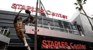 LOS ANGELES, CALIFORNIA - MARCH 12: Exterior of Staples Center after both the NHL and NBA postpone seasons due to corona virus concerns at Staples Center on March 12, 2020 in Los Angeles, California.