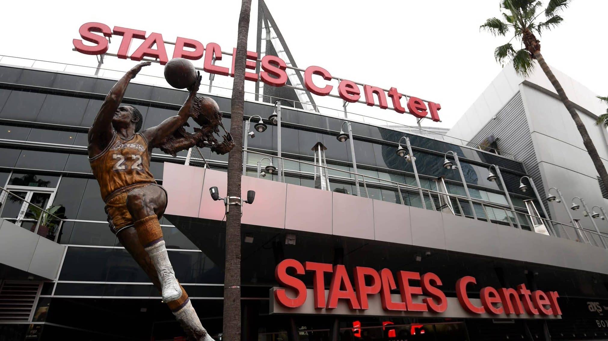 LOS ANGELES, CALIFORNIA - MARCH 12: Exterior of Staples Center after both the NHL and NBA postpone seasons due to corona virus concerns at Staples Center on March 12, 2020 in Los Angeles, California.