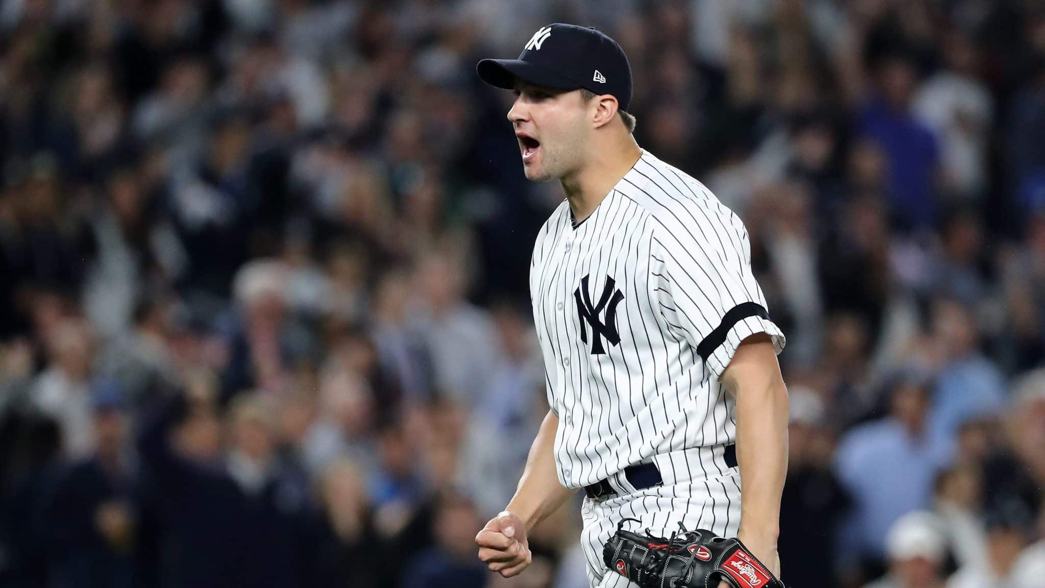 NEW YORK, NY - OCTOBER 18: Tommy Kahnle #48 of the New York Yankees reacts at the end of the top of the eighth inning against the Houston Astros in Game Five of the American League Championship Series at Yankee Stadium on October 18, 2017 in the Bronx borough of New York City.