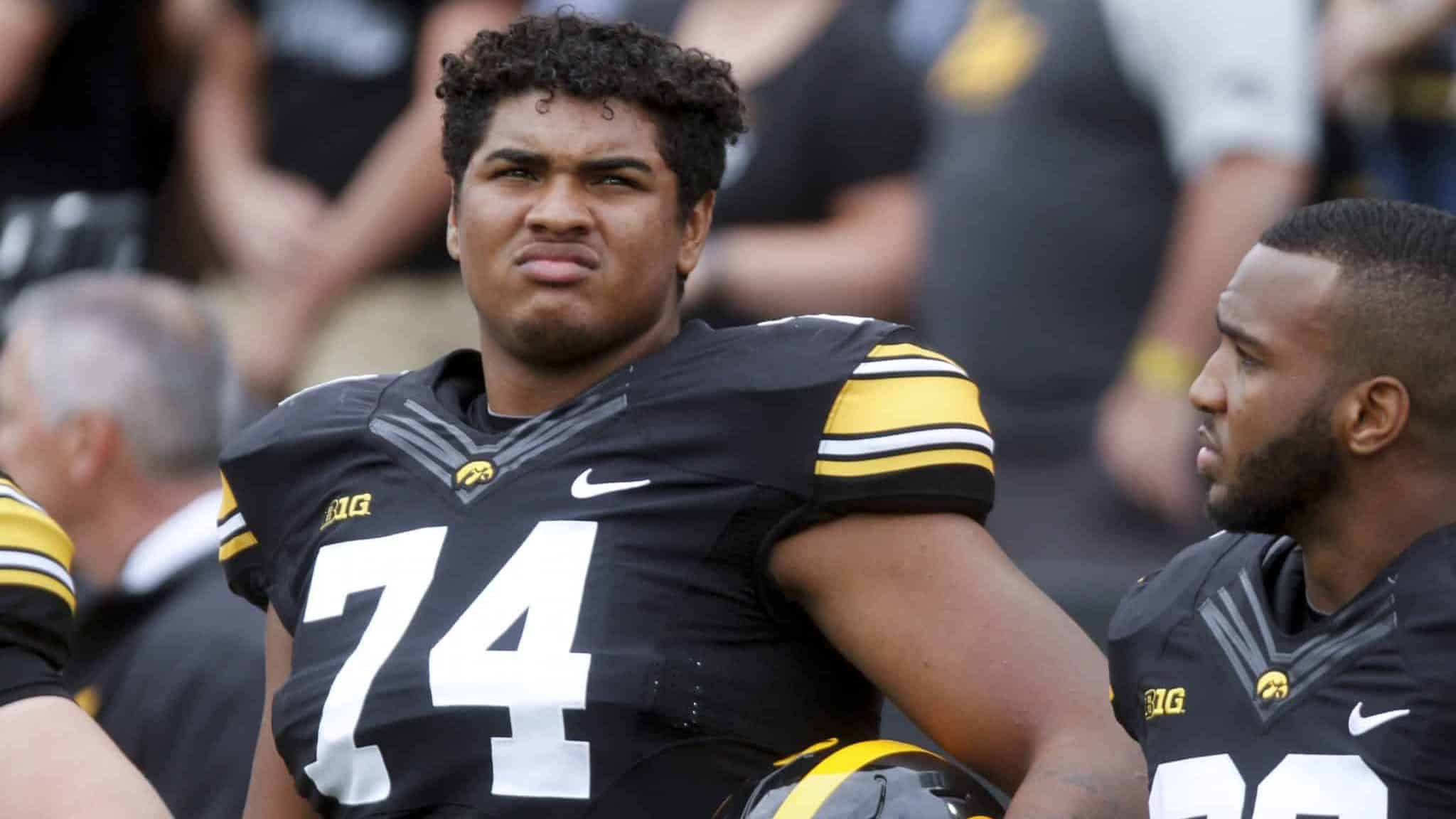 IOWA CITY, IOWA- SEPTEMBER 2: Offensive lineman Tristan Wirfs #74 of the Iowa Hawkeyes before the match-up against the Wyoming Cowboys, on September 2, 2017 at Kinnick Stadium in Iowa City, Iowa.
