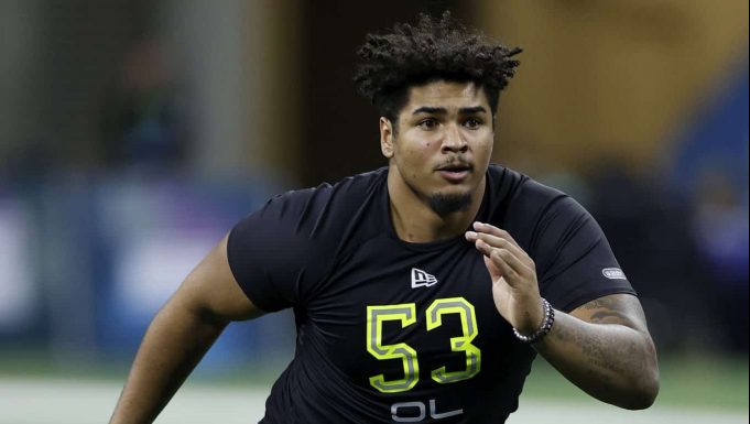 INDIANAPOLIS, IN - FEBRUARY 28: Offensive lineman Tristan Wirfs of Iowa runs a drill during the NFL Combine at Lucas Oil Stadium on February 28, 2020 in Indianapolis, Indiana.