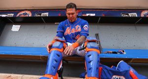 PORT ST. LUCIE, FL - MARCH 08: Catcher Wilson Ramos #40 of the New York Mets puts on his gear before a spring training baseball game against the Houston Astros at Clover Park on March 8, 2020 in Port St. Lucie, Florida. The Mets defeated the Astros 3-1.