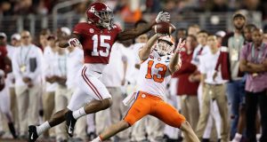 SANTA CLARA, CA - JANUARY 07: Hunter Renfrow #13 of the Clemson Tigers attempts to catch the pass under pressure from Xavier McKinney #15 of the Alabama Crimson Tide in the CFP National Championship presented by AT&T at Levi's Stadium on January 7, 2019 in Santa Clara, California.