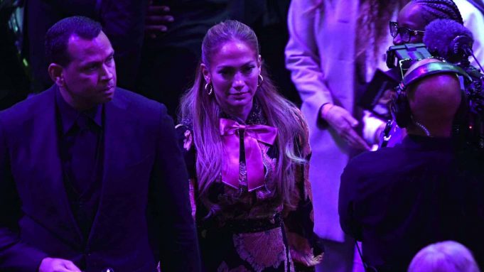 LOS ANGELES, CALIFORNIA - FEBRUARY 24: Alex Rodriguez and Jennifer Lopez depart after The Celebration of Life for Kobe & Gianna Bryant at Staples Center on February 24, 2020 in Los Angeles, California.