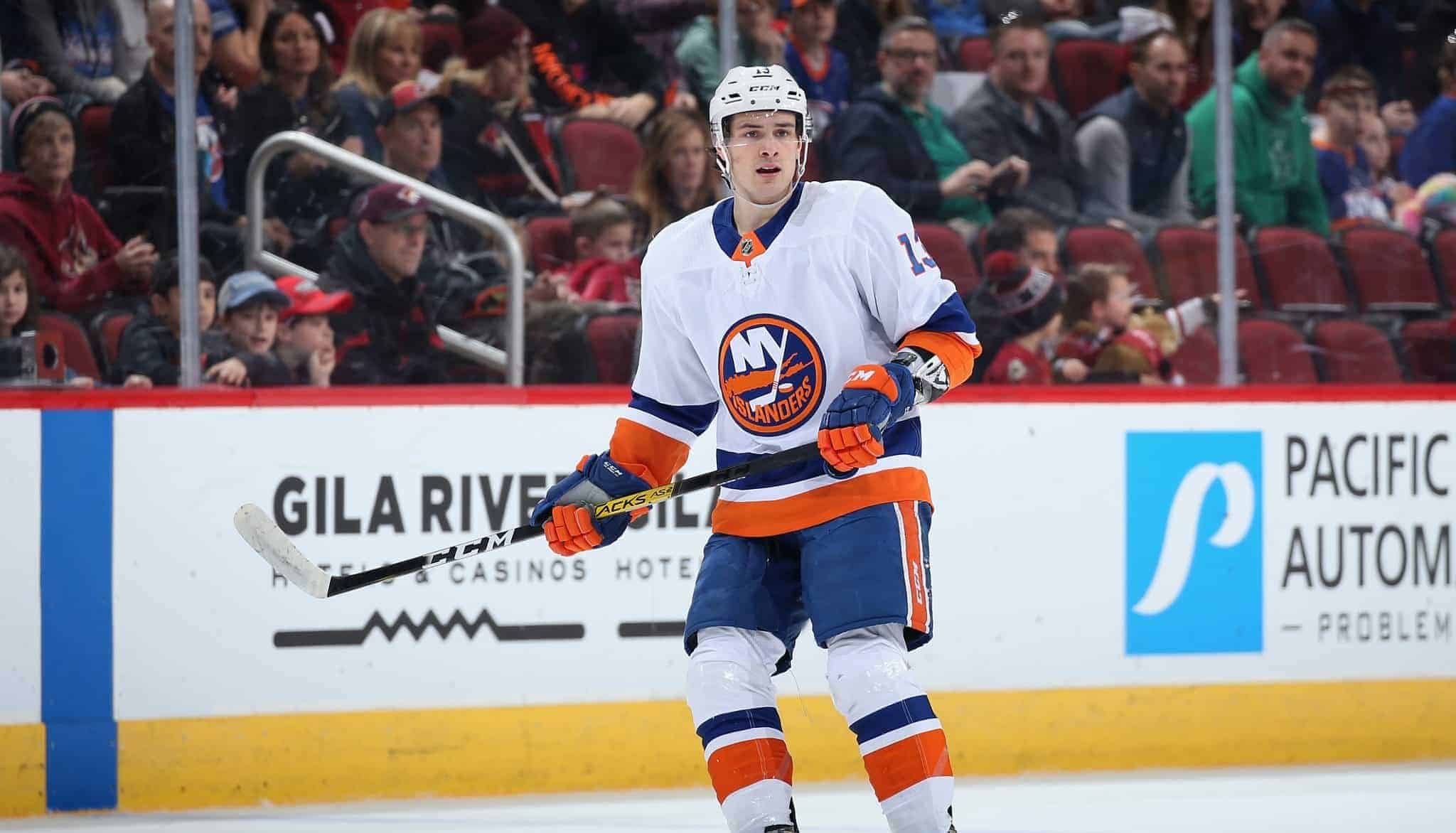 GLENDALE, ARIZONA - FEBRUARY 17: Mathew Barzal #13 of the New York Islanders during the second period of the NHL game against the Arizona Coyotes at Gila River Arena on February 17, 2020 in Glendale, Arizona.