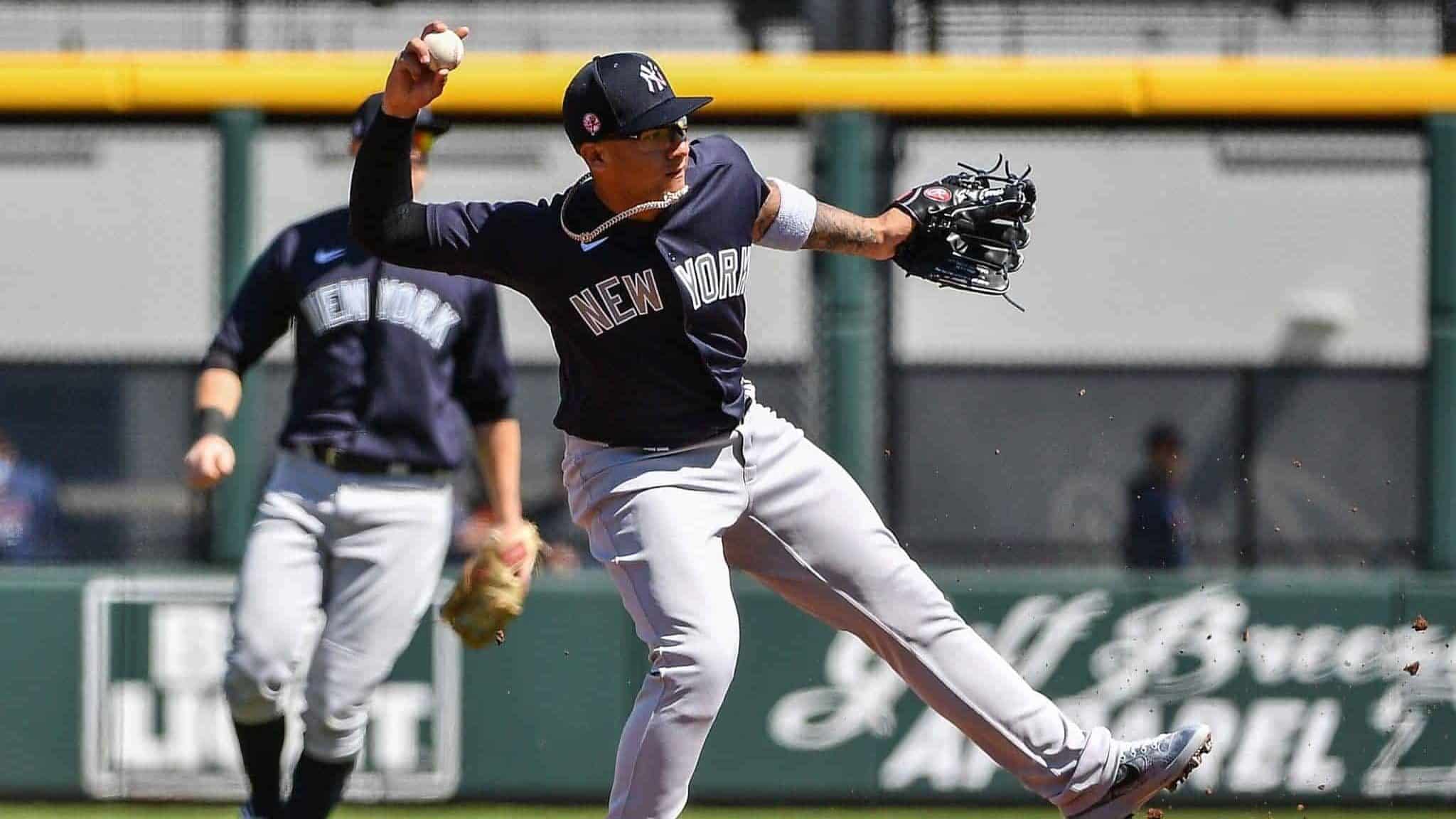 VENICE, FLORIDA - FEBRUARY 28: Gleyber Torres #25 of the New York Yankees makes the throw to first base in the first inning during the spring training game against the Atlanta Braves at Cool Today Park on February 28, 2020 in Venice, Florida.