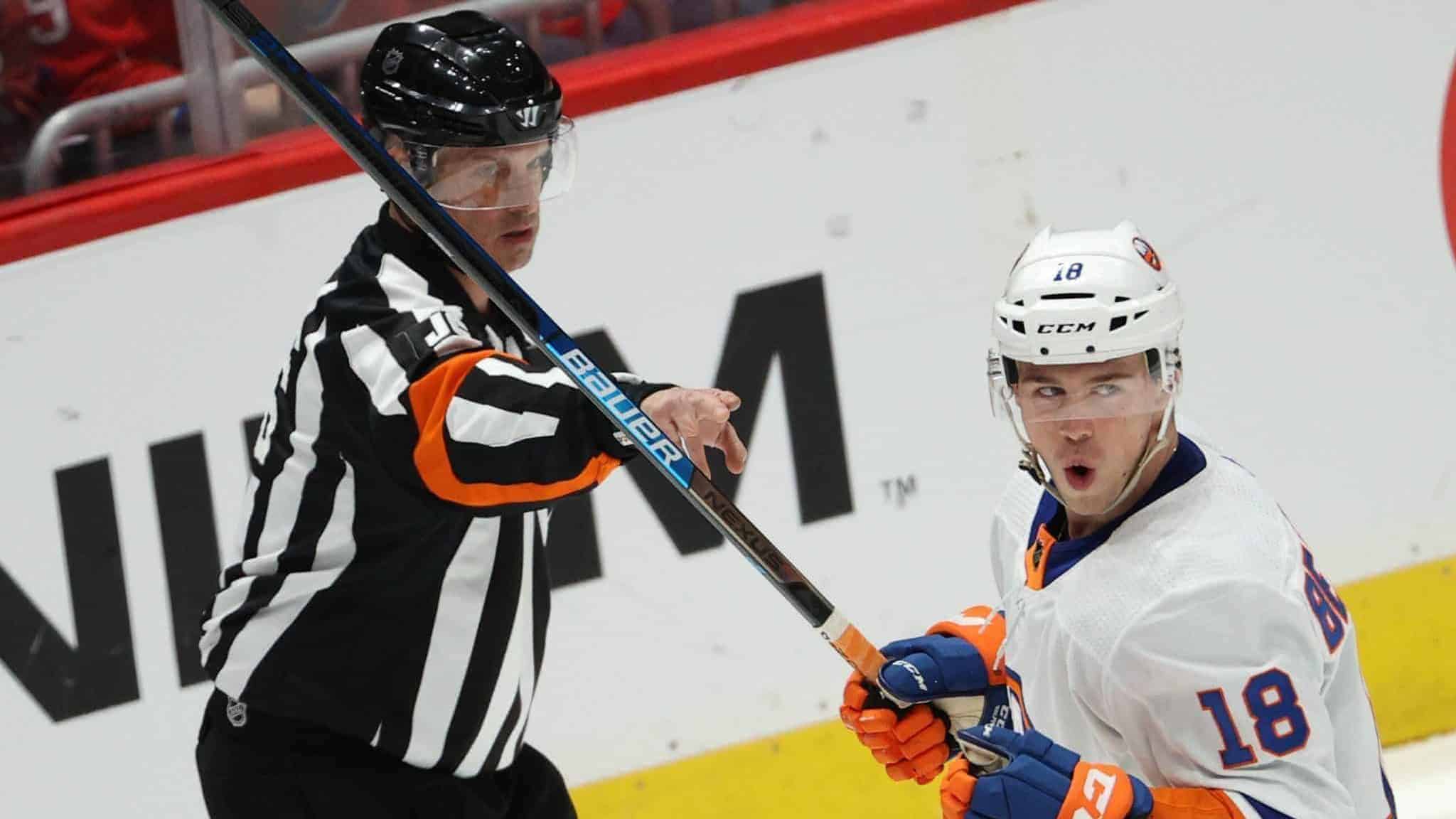 WASHINGTON, DC - FEBRUARY 10: Anthony Beauvillier #18 of the New York Islanders celebrates his second goal during the first period against the Washington Capitals at Capital One Arena on February 10, 2020 in Washington, DC.