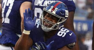 EAST RUTHERFORD, NEW JERSEY - DECEMBER 16: B.J. Hill #95 of the New York Giants celebrates a play against the Tennessee Titansduring their game at MetLife Stadium on December 16, 2018 in East Rutherford, New Jersey.