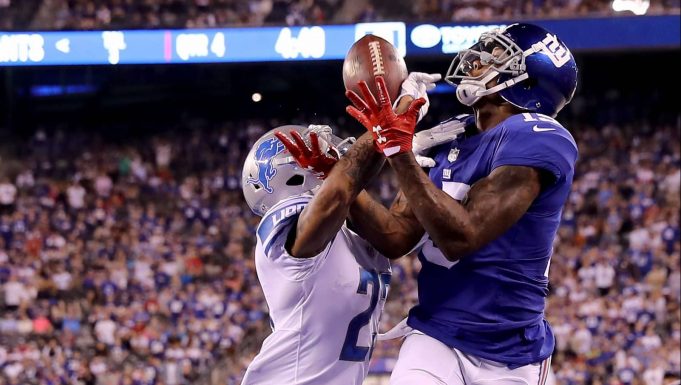 EAST RUTHERFORD, NJ - SEPTEMBER 18: Darius Slay #23 of the Detroit Lions breaks up the pass intended for Brandon Marshall #15 of the New York Giants on September 18, 2017 at MetLife Stadium in East Rutherford, New Jersey.