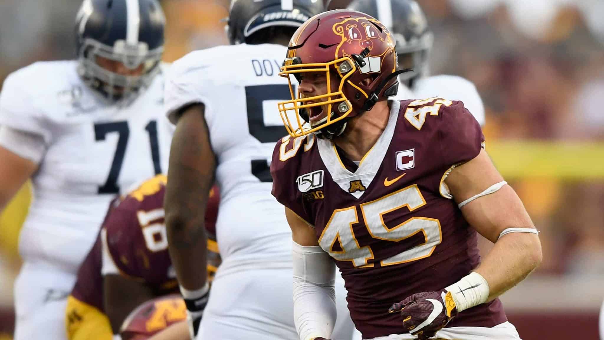 MINNEAPOLIS, MINNESOTA - SEPTEMBER 14: Carter Coughlin #45 of the Minnesota Gophers celebrates forcing a fumble by the Georgia Southern Eagles during the fourth quarter of the game at TCF Bank Stadium on September 14, 2019 in Minneapolis, Minnesota. The Gophers defeated the Eagles 35-32.