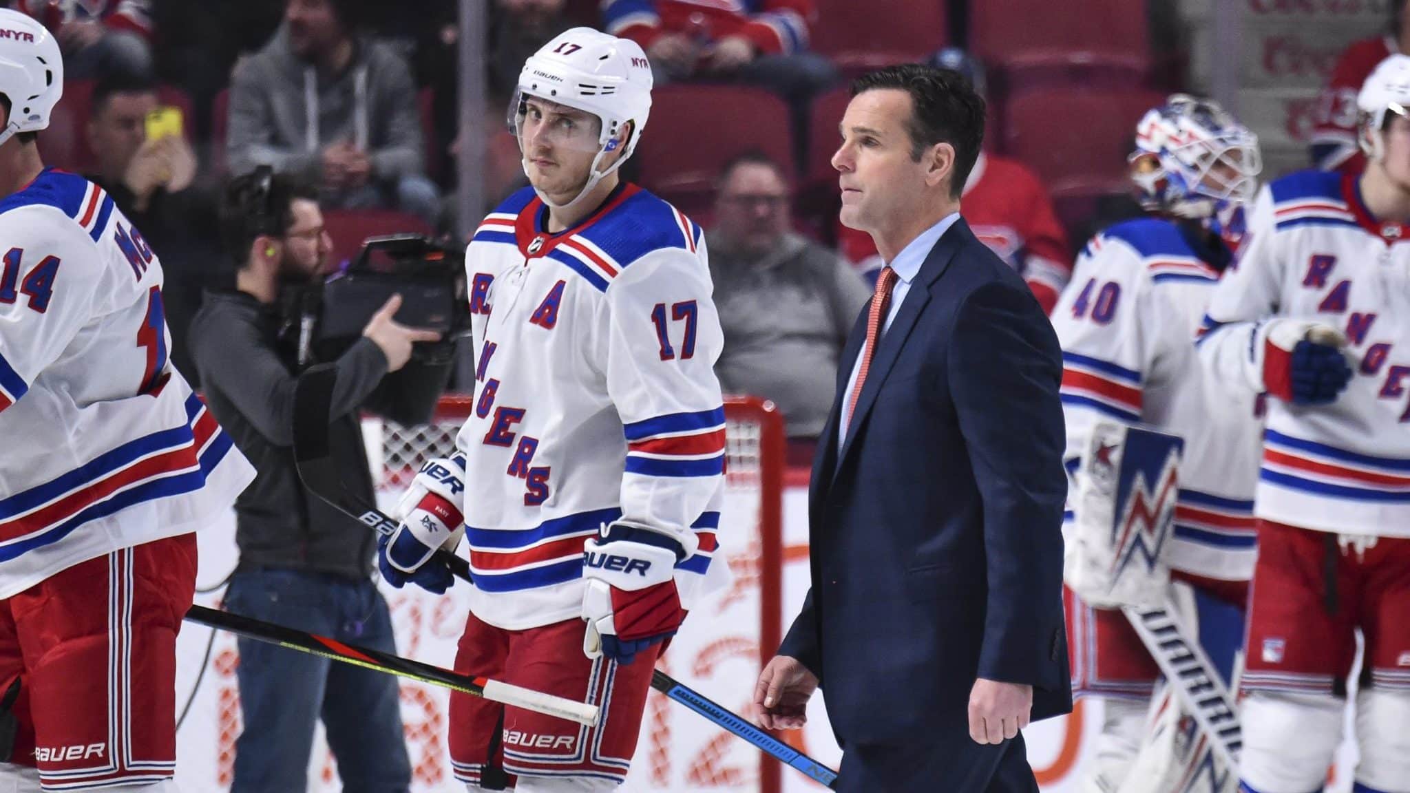 MONTREAL, QC - FEBRUARY 27: Head coach of the New York Rangers David Quinn walks across the rink after a victory against the Montreal Canadiens at the Bell Centre on February 27, 2020 in Montreal, Canada. The New York Rangers defeated the Montreal Canadiens 5-2.