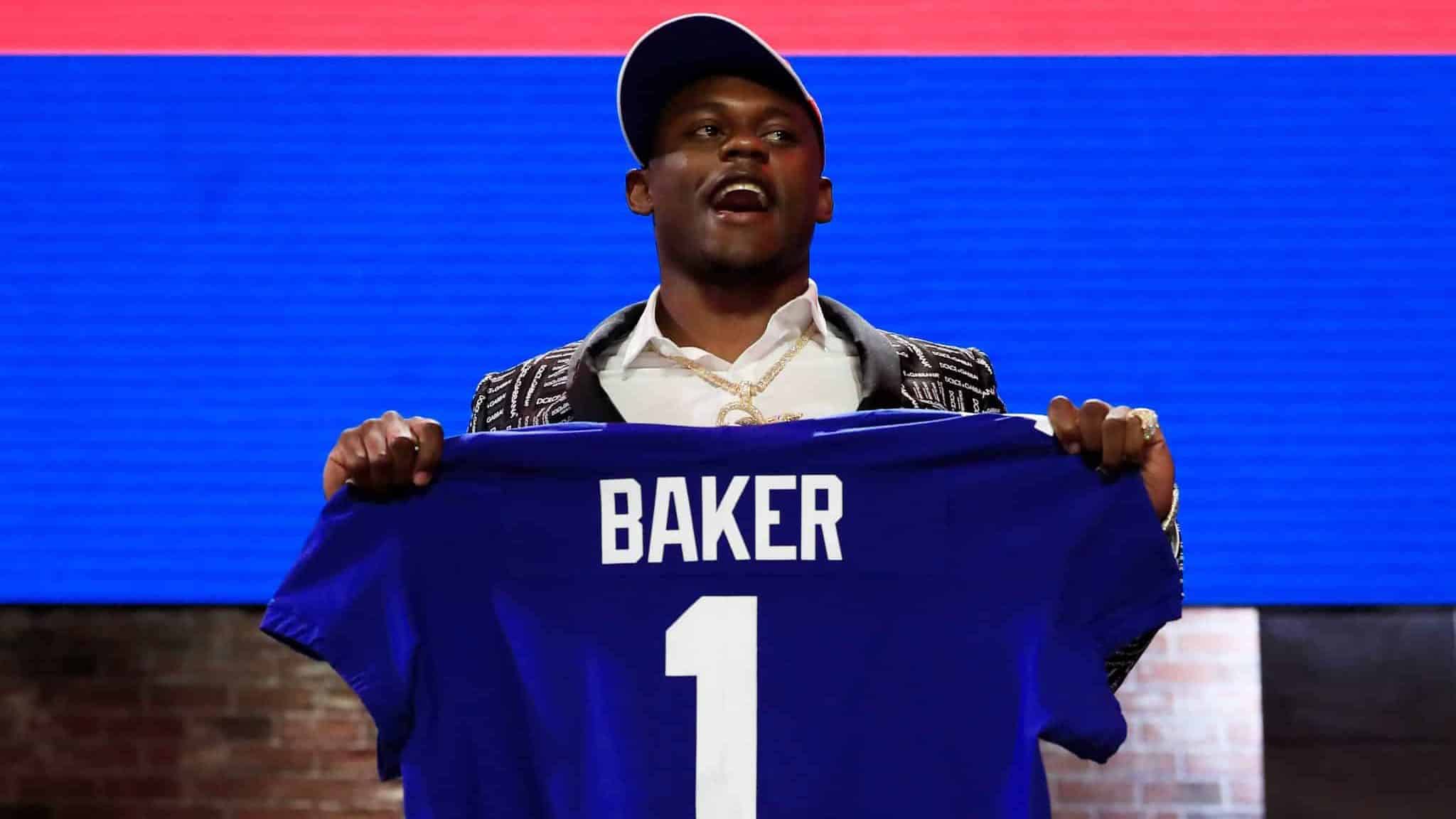 NASHVILLE, TENNESSEE - APRIL 25: Deandre Baker of Georgia reacts after being chosen #30 overall by the New York Giants during the first round of the 2019 NFL Draft on April 25, 2019 in Nashville, Tennessee.