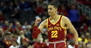KANSAS CITY, MISSOURI - MARCH 14: Tyrese Haliburton #22 of the Iowa State Cyclones celebrates during the quarterfinal game of the Big 12 Basketball Tournament against the Baylor Bears at Sprint Center on March 14, 2019 in Kansas City, Missouri.