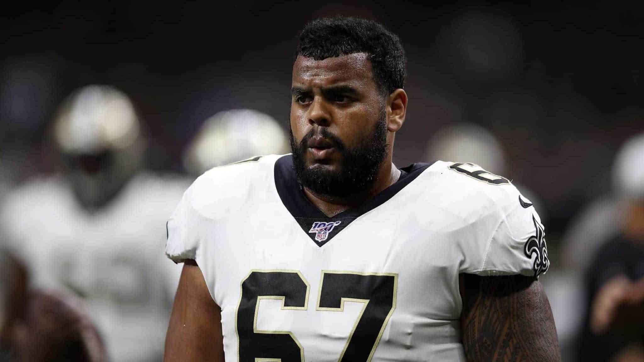 NEW ORLEANS, LOUISIANA - AUGUST 09: Larry Warford #67 of the New Orleans Saints during a preseason game at the Mercedes Benz Superdome on August 09, 2019 in New Orleans, Louisiana. New York Jets