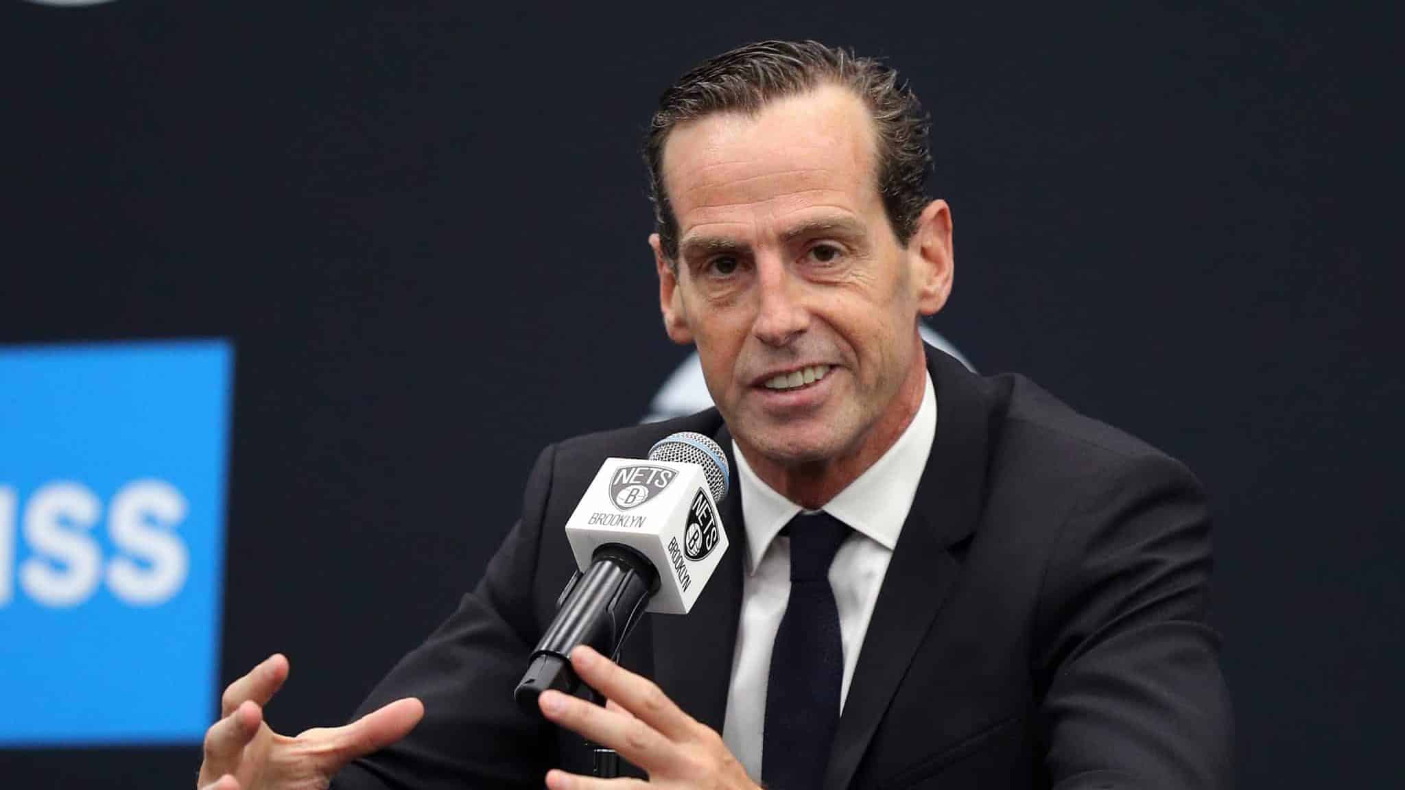 NEW YORK, NEW YORK - SEPTEMBER 27: Head coach Kenny Atkinson speaks to media during Brooklyn Nets Media Day at HSS Training Center on September 27, 2019 in the Brooklyn Borough of New York City. NOTE TO USER: User expressly acknowledges and agrees that, by downloading and or using this photograph, User is consenting to the terms and conditions of the Getty Images License Agreement.
