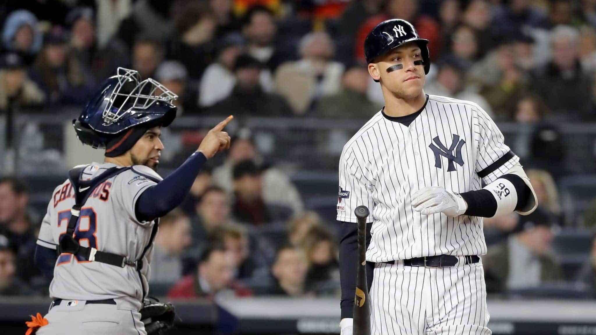 NEW YORK, NEW YORK - OCTOBER 18: Aaron Judge #99 of the New York Yankees reacts after being struck out by Justin Verlander #35 of the Houston Astros during the fifth inning in game five of the American League Championship Series at Yankee Stadium on October 18, 2019 in New York City.