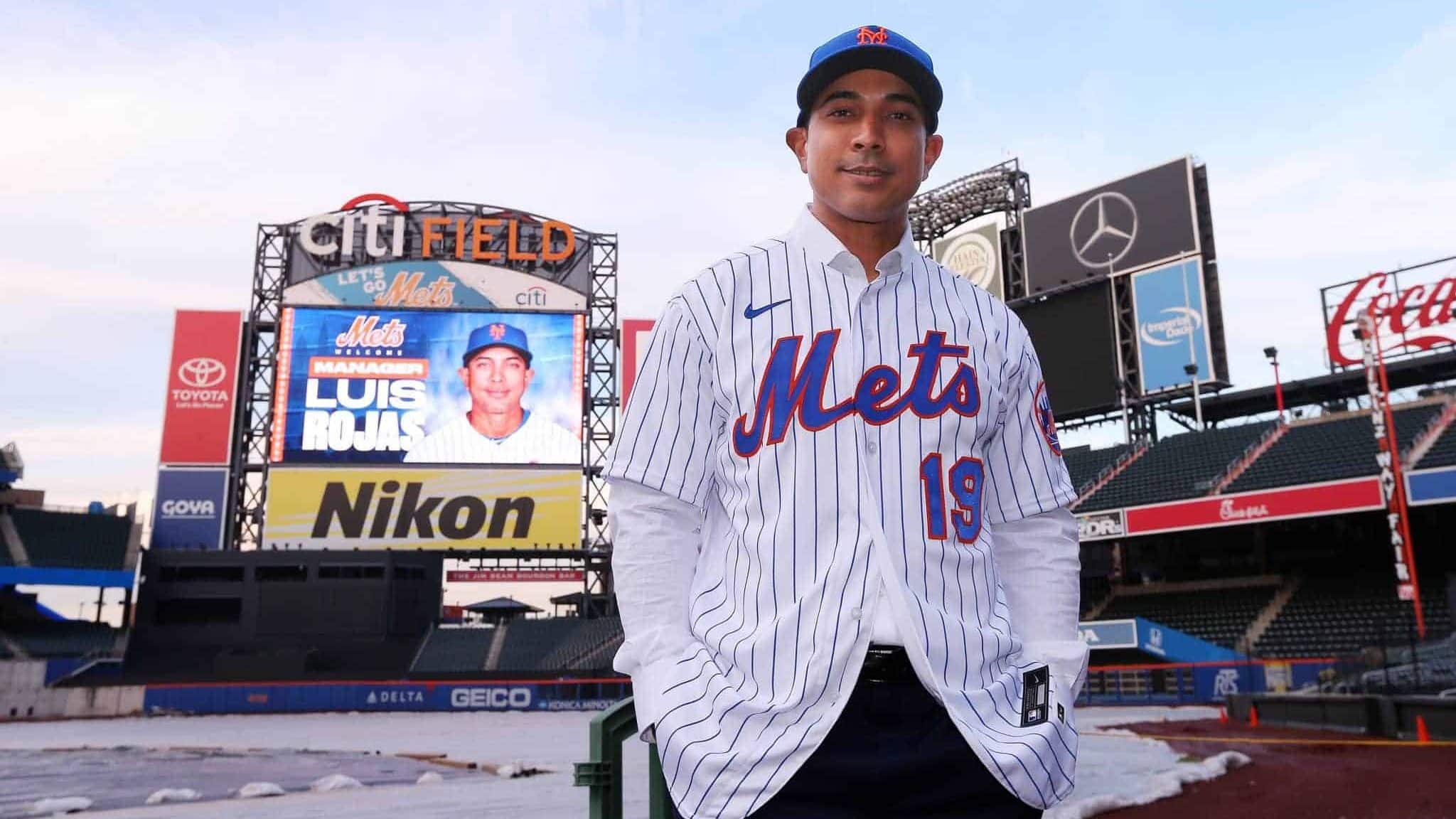 NEW YORK, NY - JANUARY 24: Luis Rojas, the new manager of the New York Mets poses for photos after his introductory press conference at Citi Field on January 24, 2020 in New York City. Rojas had been the Mets quality control coach and was tapped as a replacement after the newly hired Carlos Beltrán was implicated for his role as a player in 2017 in the Houston Astros sign-stealing scandal.