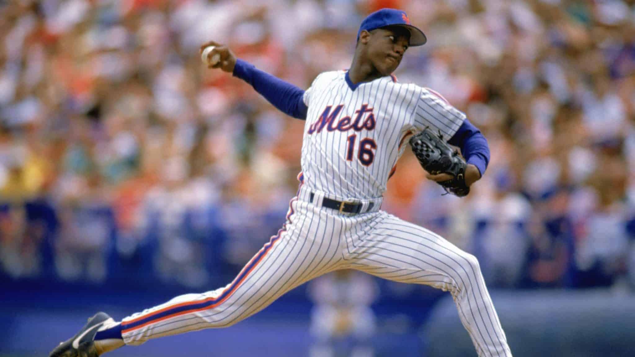 1988: Dwight Gooden of the New York Mets pitches during a game in the 1988 season.