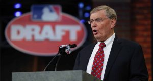 SECAUCUS, NJ - JUNE 5: Commissioner Allan H. Bud Selig speaks at the podium during the MLB First-Year Player Draft at the MLB Network Studio on June 5, 2014 in Secacucus, New Jersey.