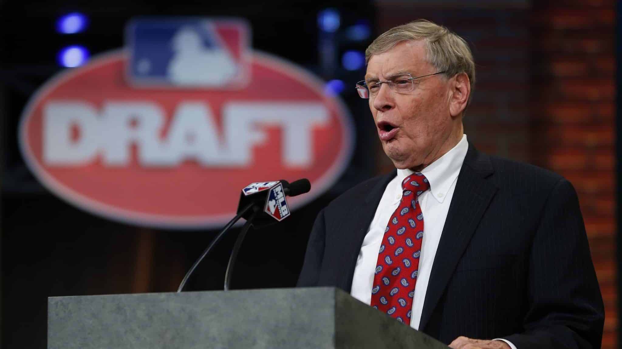 SECAUCUS, NJ - JUNE 5: Commissioner Allan H. Bud Selig speaks at the podium during the MLB First-Year Player Draft at the MLB Network Studio on June 5, 2014 in Secacucus, New Jersey.