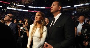 LAS VEGAS, NV - AUGUST 26: Actress Jennifer Lopez and former MLB player Alex Rodriguez attend the super welterweight boxing match between Floyd Mayweather Jr. and Conor McGregor on August 26, 2017 at T-Mobile Arena in Las Vegas, Nevada.