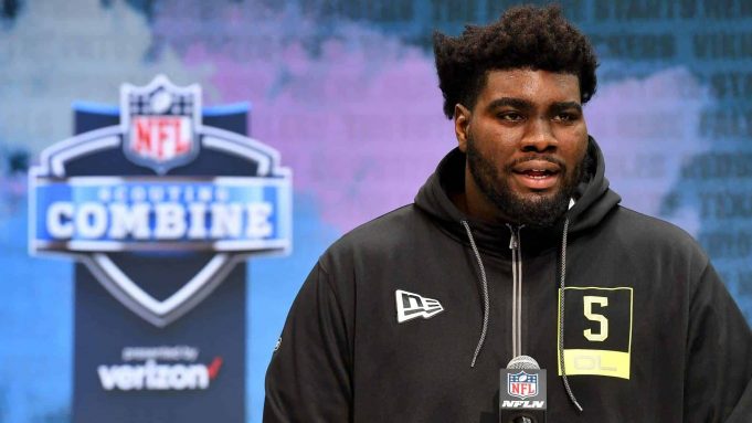 INDIANAPOLIS, INDIANA - FEBRUARY 26: Mekhi Becton #OL05 of Louisville interviews during the second day of the 2020 NFL Scouting Combine at Lucas Oil Stadium on February 26, 2020 in Indianapolis, Indiana.