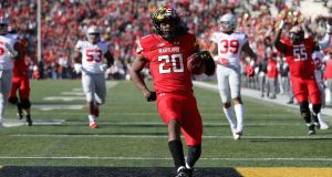 COLLEGE PARK, MD - NOVEMBER 17: Javon Leake #20 of the Maryland Terrapins scores a touchdown against the Ohio State Buckeyes during the first half at Capital One Field on November 17, 2018 in College Park, Maryland.
