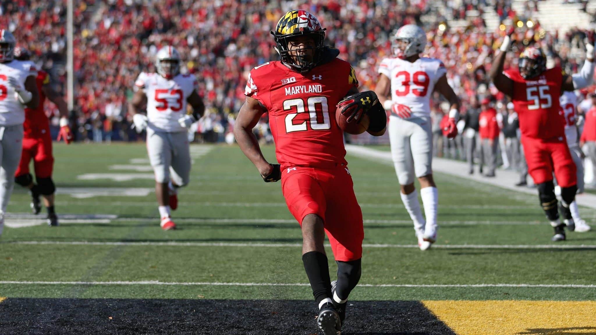 COLLEGE PARK, MD - NOVEMBER 17: Javon Leake #20 of the Maryland Terrapins scores a touchdown against the Ohio State Buckeyes during the first half at Capital One Field on November 17, 2018 in College Park, Maryland.