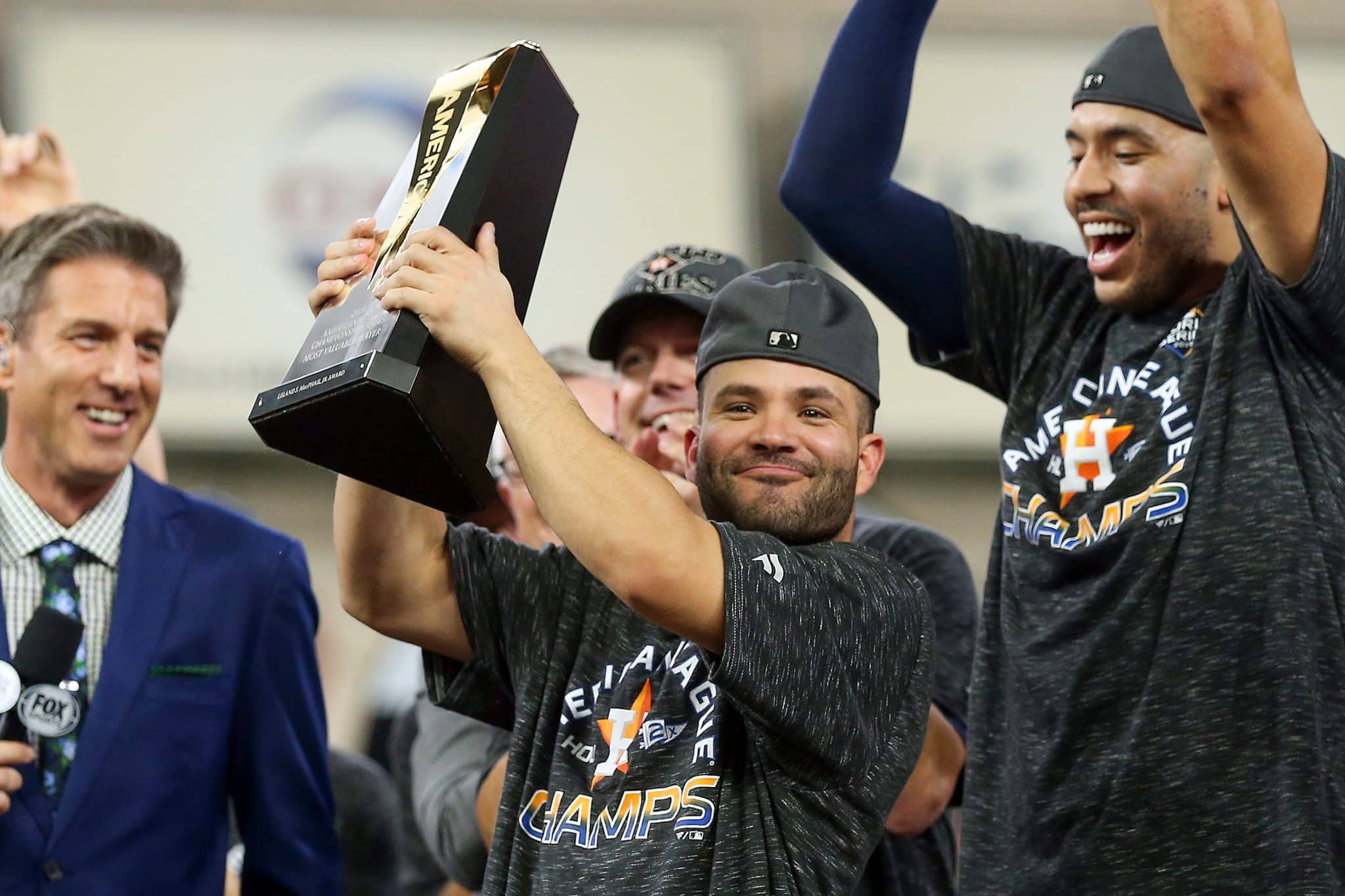 HOUSTON, TEXAS - OCTOBER 19: Jose Altuve #27 of the Houston Astros is awarded series MVP following his teams 6-4 win against the New York Yankees in game six of the American League Championship Series at Minute Maid Park on October 19, 2019 in Houston, Texas.