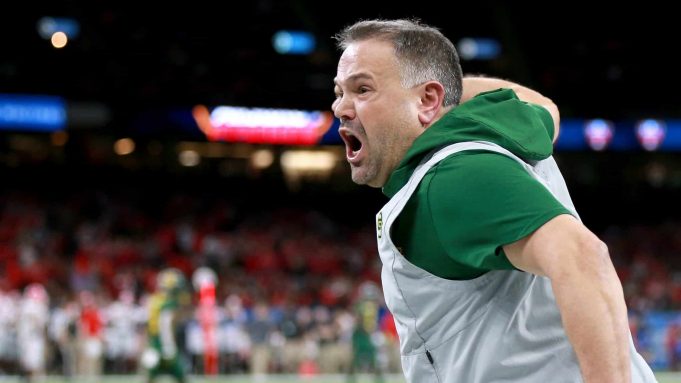 NEW ORLEANS, LOUISIANA - JANUARY 01: Head coach Matt Rhule of the Baylor Bears reacts to a play during the Allstate Sugar Bowl against the Georgia Bulldogs at Mercedes Benz Superdome on January 01, 2020 in New Orleans, Louisiana.