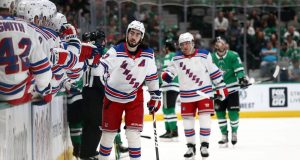 DALLAS, TEXAS - MARCH 10: Mika Zibanejad #93 of the New York Rangers celebrates his goal against the Dallas Stars during the first period at American Airlines Center on March 10, 2020 in Dallas, Texas.