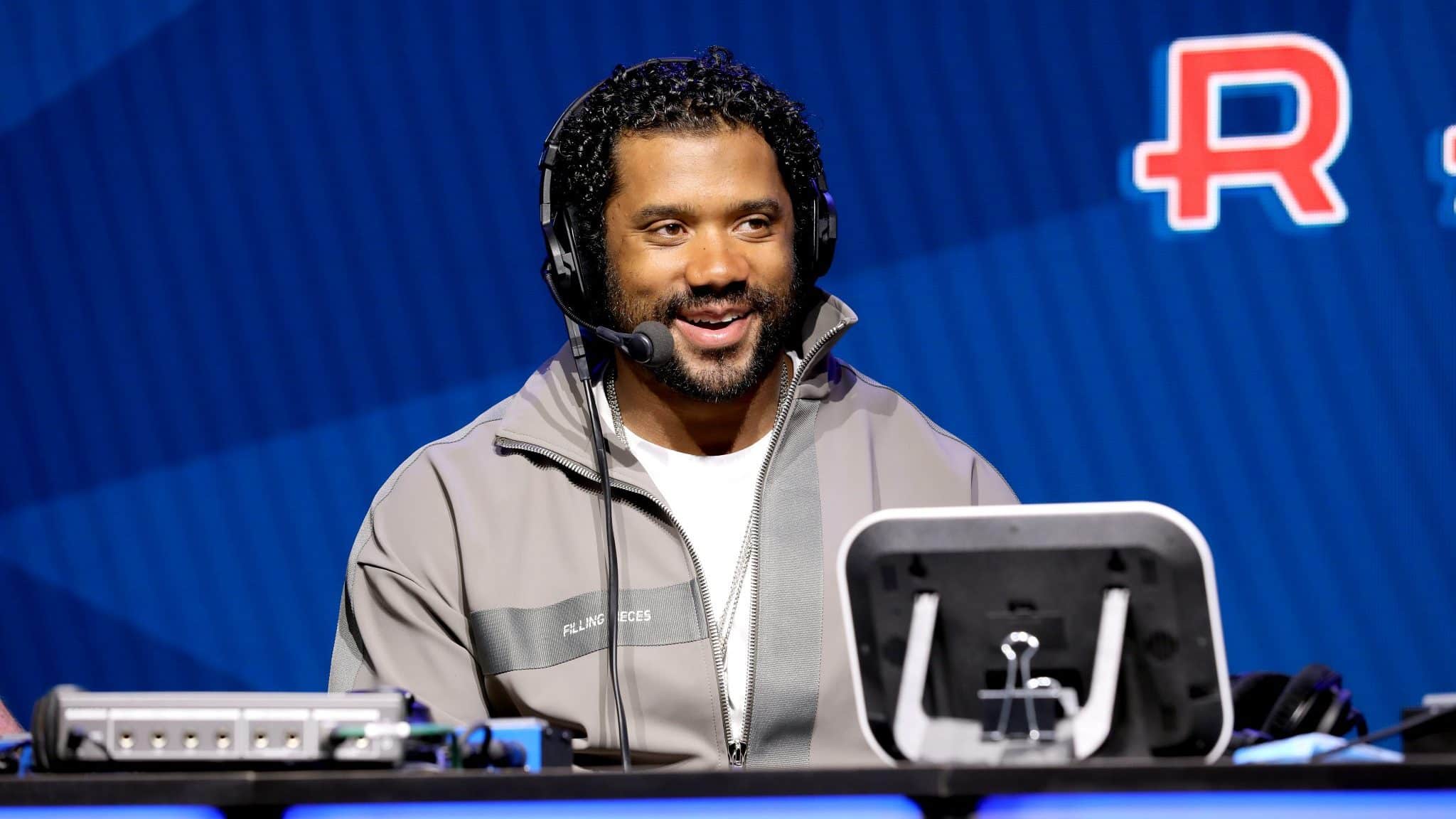 MIAMI, FLORIDA - JANUARY 30: NFL quarterback Russell Wilson of the Seattle Seahawks speaks onstage during day 2 of SiriusXM at Super Bowl LIV on January 30, 2020 in Miami, Florida.
