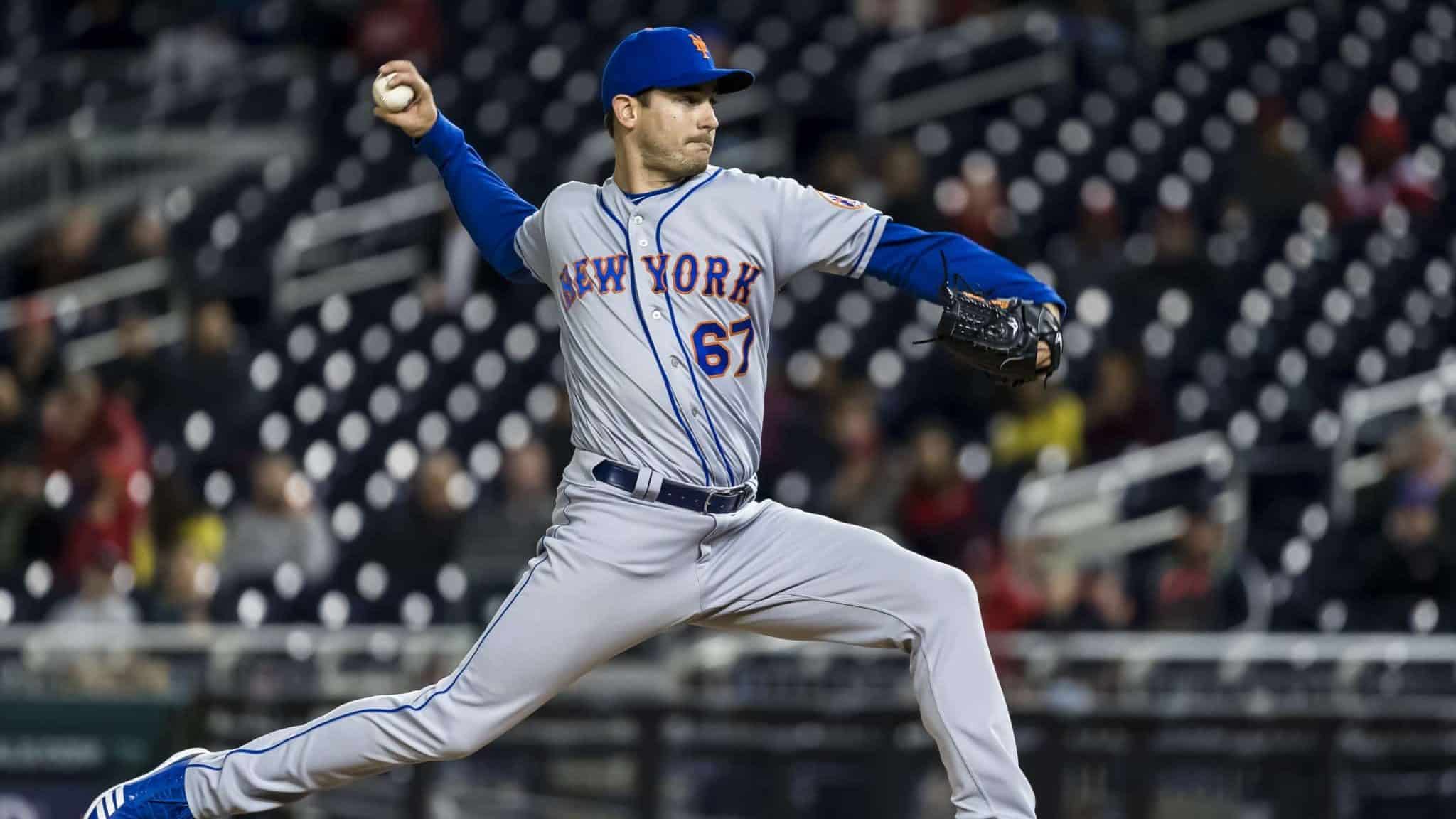 WASHINGTON, DC - MAY 14: Seth Lugo #67 of the New York Mets pitches against the Washington Nationals during the ninth inning at Nationals Park on May 14, 2019 in Washington, DC.