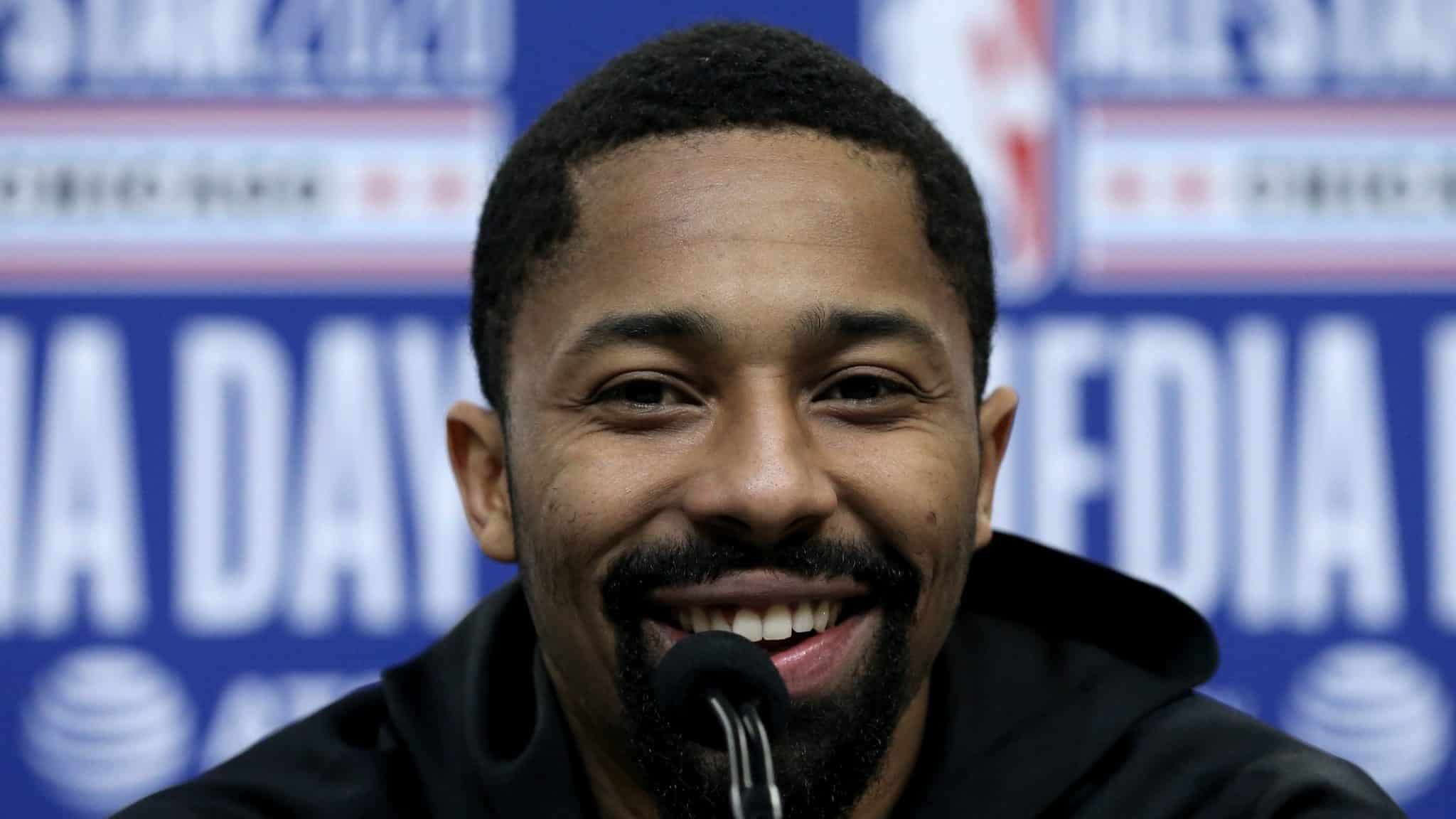 CHICAGO, ILLINOIS - FEBRUARY 15: Spencer Dinwiddie of the Brooklyn Nets speaks to the media during 2020 NBA All-Star - Practice & Media Day at Wintrust Arena on February 15, 2020 in Chicago, Illinois. NOTE TO USER: User expressly acknowledges and agrees that, by downloading and or using this photograph, User is consenting to the terms and conditions of the Getty Images License Agreement.