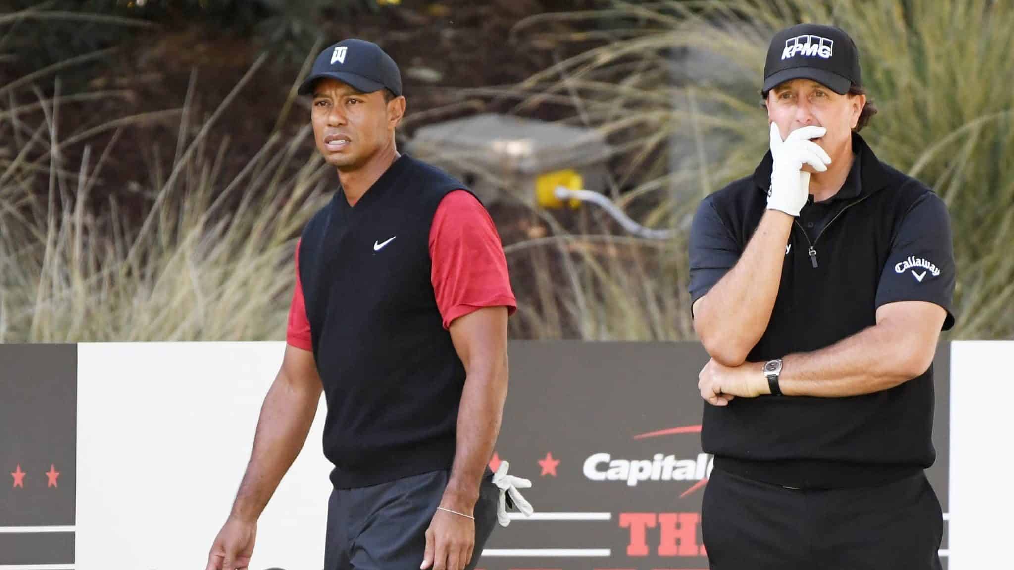 LAS VEGAS, NV - NOVEMBER 23: Tiger Woods and Phil Mickelson look on from the seventh tee during The Match: Tiger vs Phil at Shadow Creek Golf Course on November 23, 2018 in Las Vegas, Nevada.