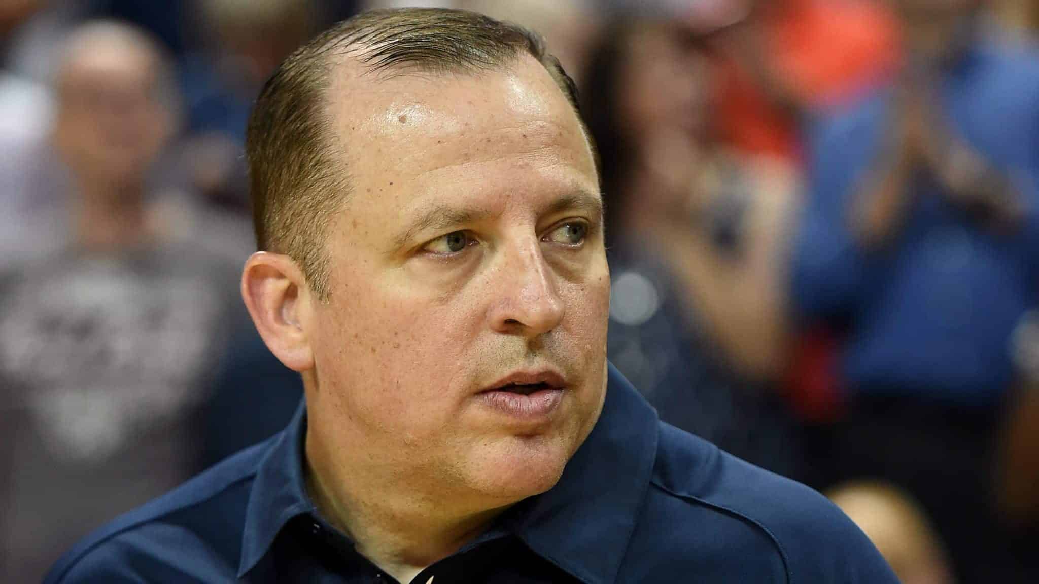 LAS VEGAS, NV - AUGUST 13: Assistant coach Tom Thibodeau of the 2015 USA Basketball Men's National Team watches his players warm up before a USA Basketball showcase at the Thomas & Mack Center on August 13, 2015 in Las Vegas, Nevada.