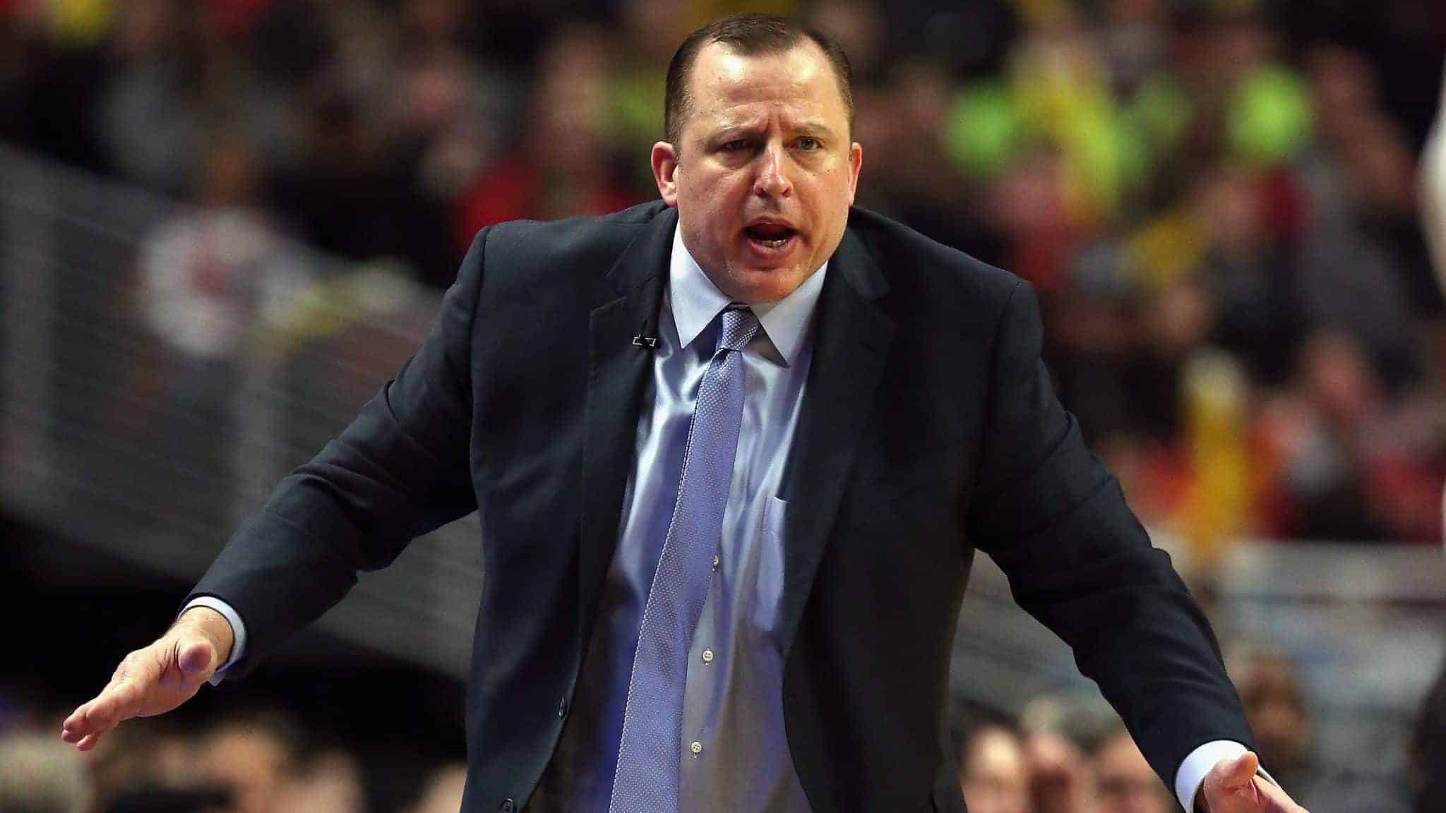 CHICAGO, IL - MARCH 01: Head coach Tom Thibodeau of the Chicago Bulls reacts to a call during a game against the los Angeles Wizards at the United Center on March 1, 2015 in Chicago, Illinois. The Clippers defeated the Bulls 96-86. NOTE TO USER: User expressly acknowledges and agrees that, by downloading and or using this photograph, User is consenting to the terms and conditions of the Getty Images License Agreement.