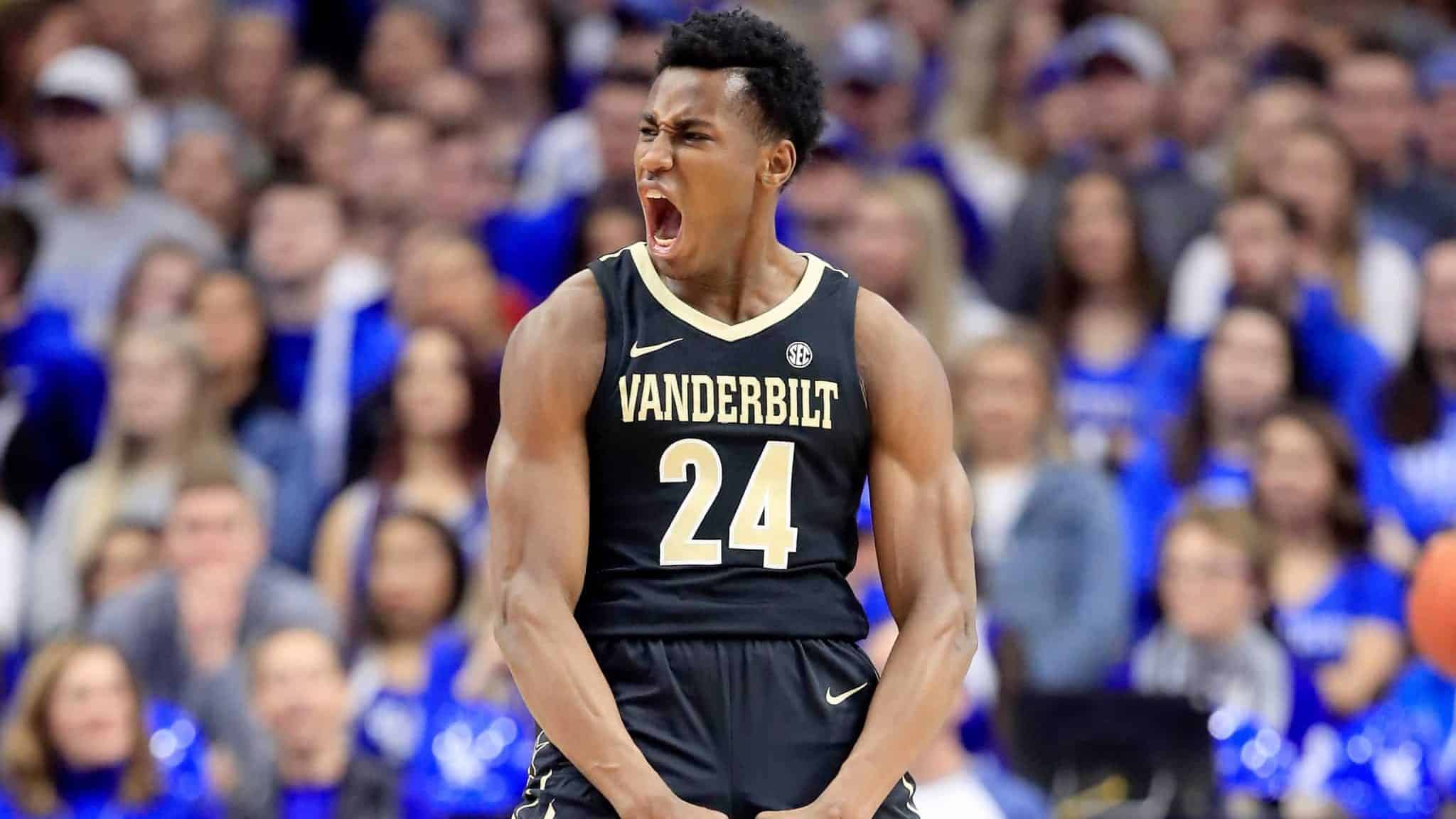 LEXINGTON, KY - JANUARY 12: Aaron Nesmith #24 of the Vanderbilt Commodores celebrates in the game against the Kentucky Wildcats at Rupp Arena on January 12, 2019 in Lexington, Kentucky.